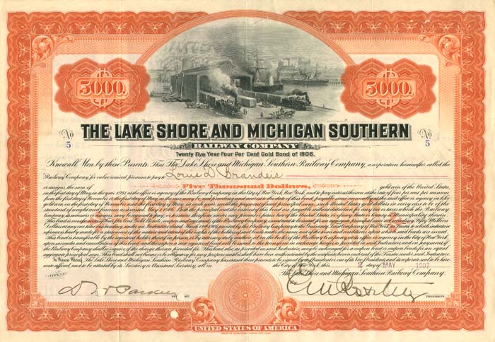 Lake Shore and Michigan Southern Railway Co. Issued to Louis D. Brandeis and signed by E.V.W. Rossiter